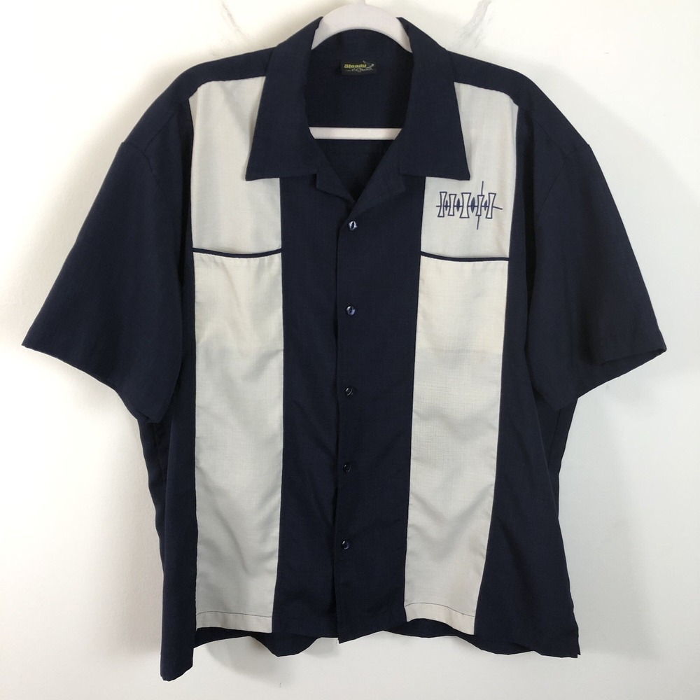 Steady Classics Stripped Button Up Bowling Shirt Mens Sz XL Navy Cream